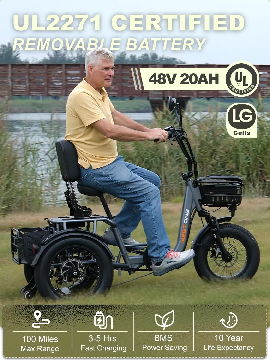 Folding Electric Tricycle for Adults, 1200W Electric Trike, 22MPH 100Miles 3 Wheel Electric Bike, Reverse Gear, Rear Differential, 450lbs Load, F&R Baskets, 4'' Wide Fat Tire, UL Certified