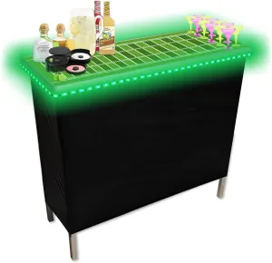 Folding Portable Party Bar w/Patented Multi-Color LED Lights, Football Field Graphic, Black Skirt, and Storage Shelf