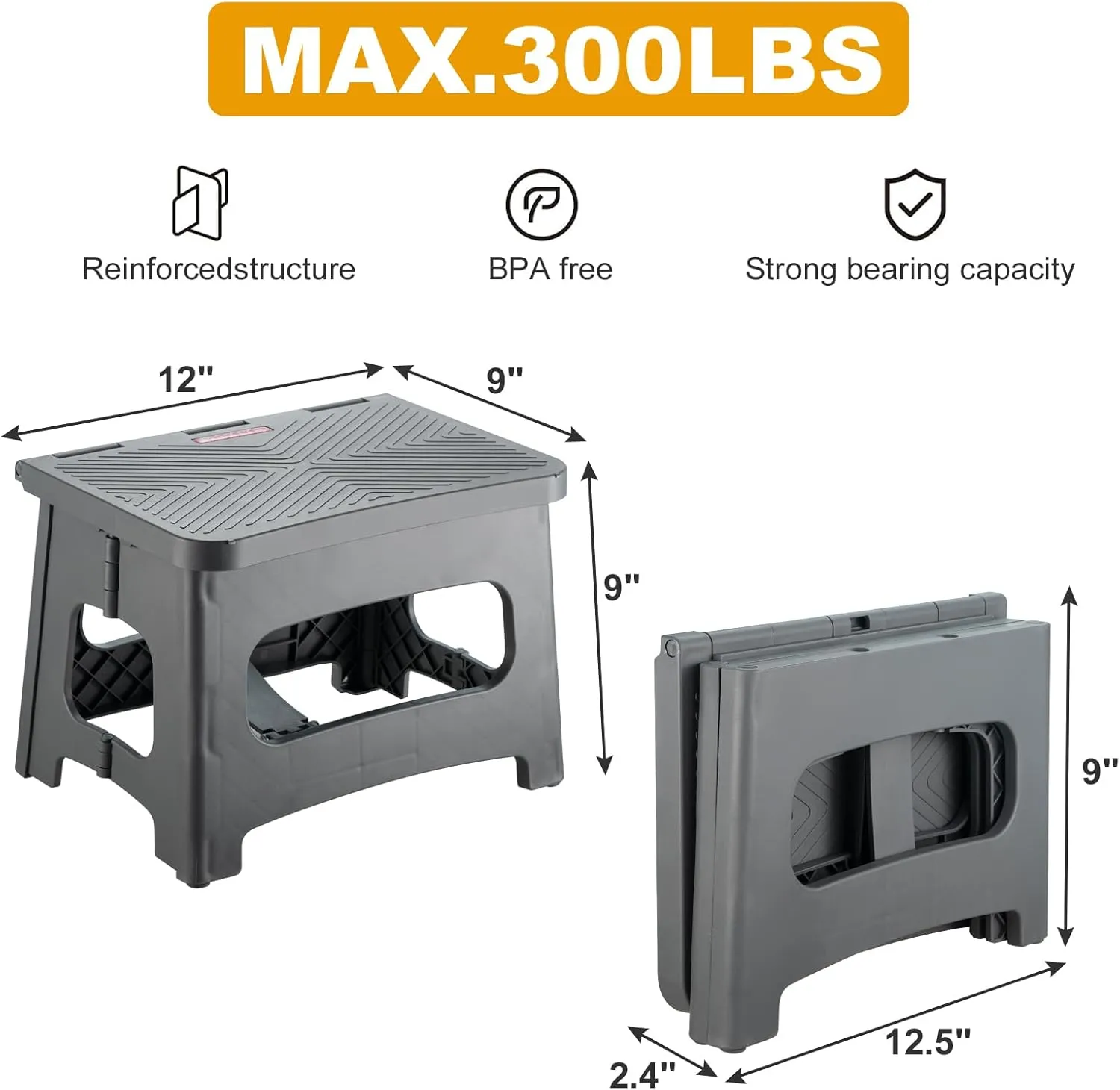 Folding Step Stool Foot Stool with 9 Inch Height Holds Up to 300 lbs Non-Slip Foldable Step Stool for Kitchen, Bathroom & Living Room (Gray)
