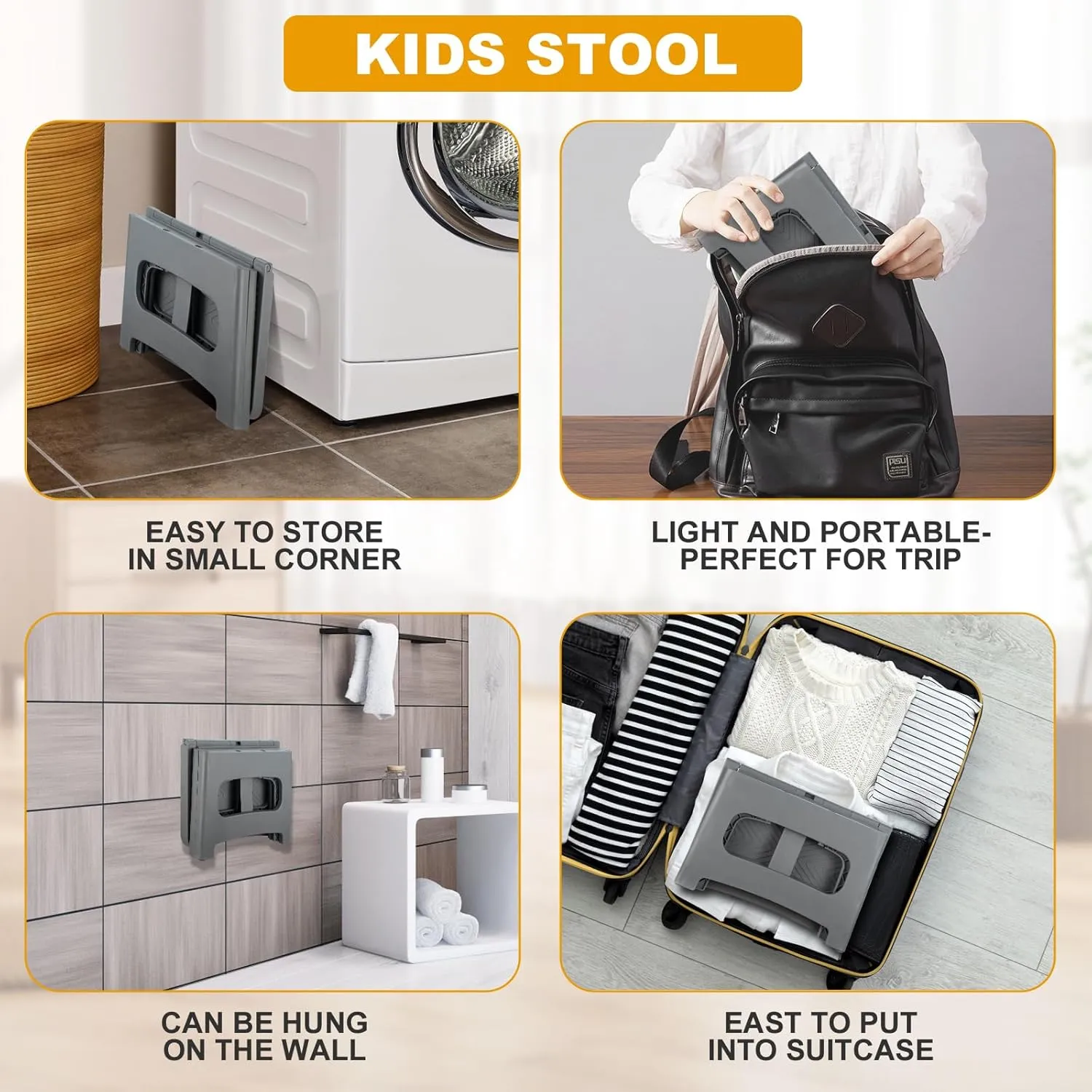 Folding Step Stool Foot Stool with 9 Inch Height Holds Up to 300 lbs Non-Slip Foldable Step Stool for Kitchen, Bathroom & Living Room (Gray)