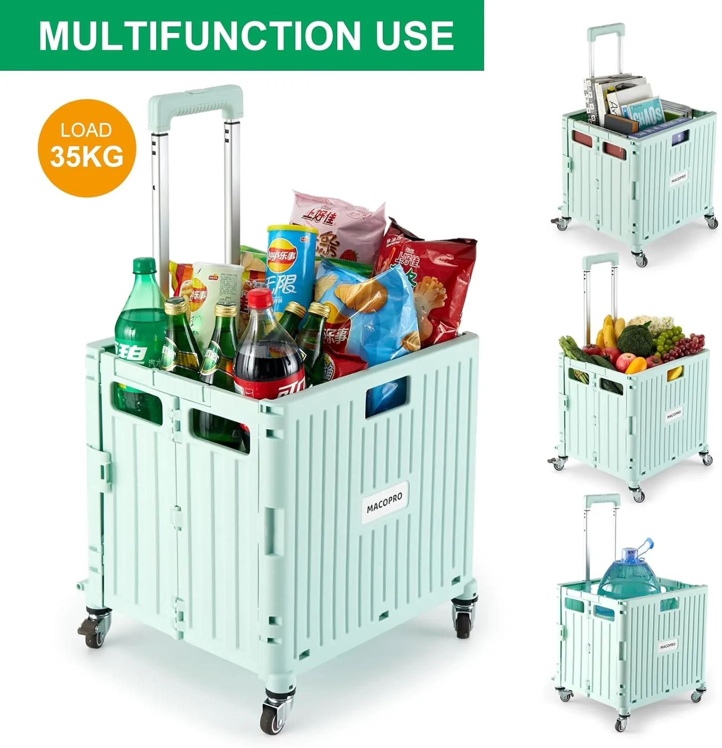 Folding Utility Cart Portable Rolling Crate Handcart Shopping Trolley Collapsible Tool Box, with Lid, Basket on 4 Rotate Wheels, for Grocery, Office, Teacher, Travel Shop Move Luggage (Green)