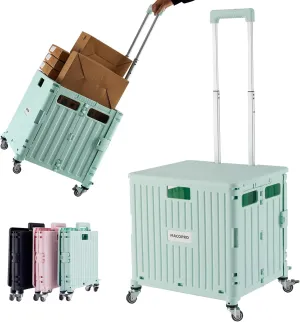 Folding Utility Cart Portable Rolling Crate Handcart Shopping Trolley Collapsible Tool Box, with Lid, Basket on 4 Rotate Wheels, for Grocery, Office, Teacher, Travel Shop Move Luggage (Green)