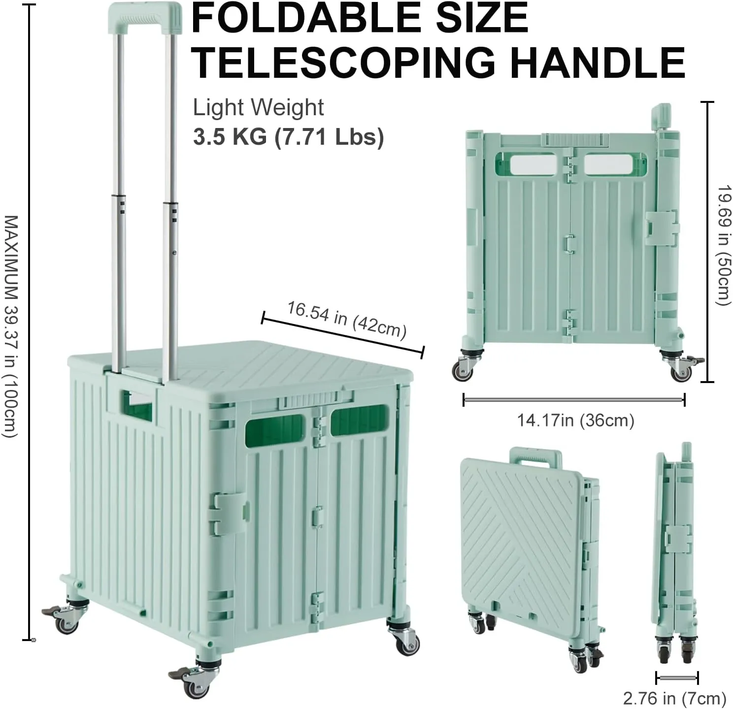 Folding Utility Cart Portable Rolling Crate Handcart Shopping Trolley Collapsible Tool Box, with Lid, Basket on 4 Rotate Wheels, for Grocery, Office, Teacher, Travel Shop Move Luggage (Green)