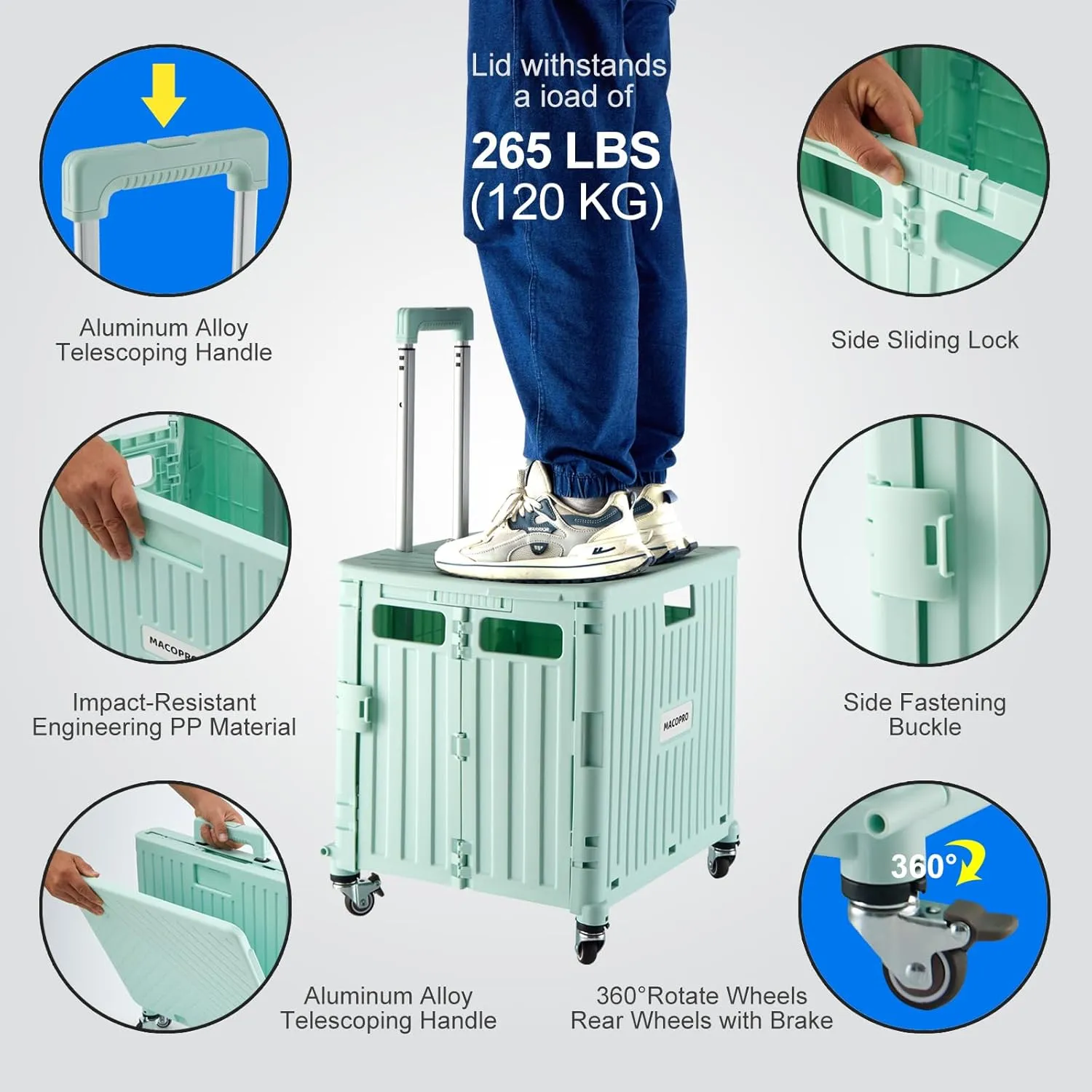 Folding Utility Cart Portable Rolling Crate Handcart Shopping Trolley Collapsible Tool Box, with Lid, Basket on 4 Rotate Wheels, for Grocery, Office, Teacher, Travel Shop Move Luggage (Green)