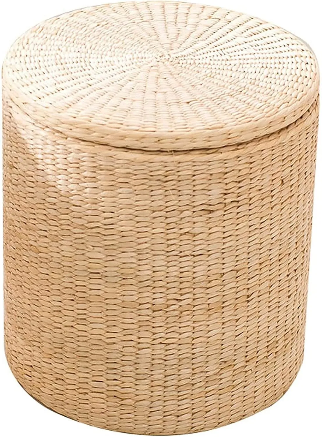 Footrest Ottoman Footstool Foot Stool Change Shoes Stool Cattail Weave Sitting Pier Handmade Crafts Footstool with Non-Slip Foot Pad Storage Box Small Stool Chair/Wood Color/38 * 41Cm