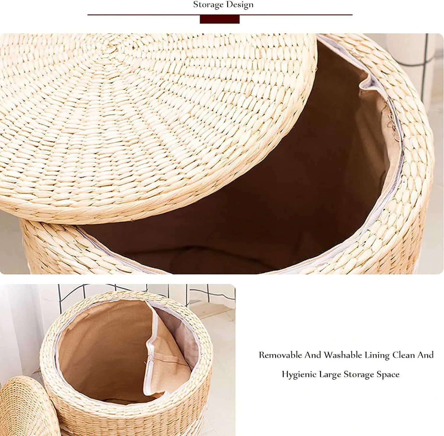 Footrest Ottoman Footstool Foot Stool Change Shoes Stool Cattail Weave Sitting Pier Handmade Crafts Footstool with Non-Slip Foot Pad Storage Box Small Stool Chair/Wood Color/38 * 41Cm