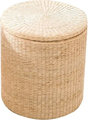 Footrest Ottoman Footstool Foot Stool Change Shoes Stool Cattail Weave Sitting Pier Handmade Crafts Footstool with Non-Slip Foot Pad Storage Box Small Stool Chair/Wood Color/38 * 41Cm