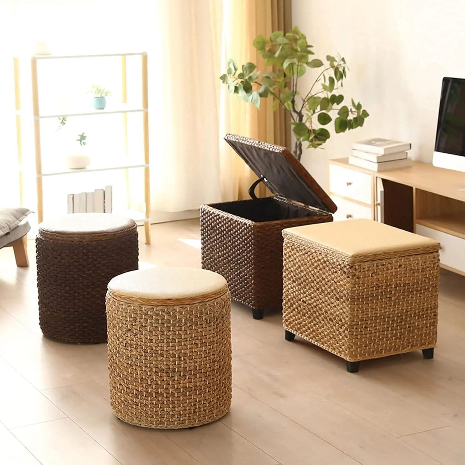 Footstool Foot Stool Practical Rattan Weaving Family Clothing Box, Foot Stool Non-Woven Multi Functional Shoes Stool Round Storage Boxes Home Decor Chair