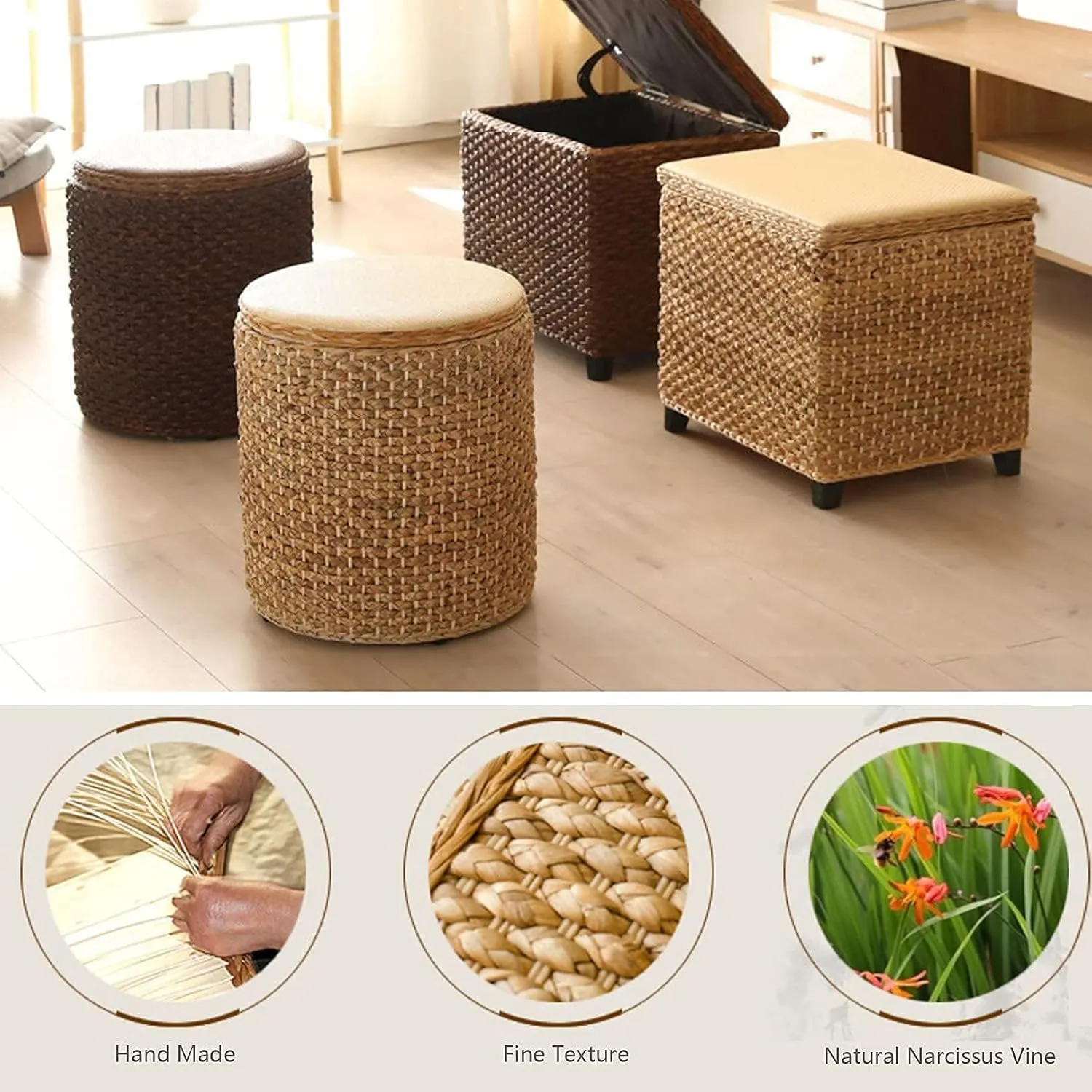 Footstool Foot Stool Practical Rattan Weaving Family Clothing Box, Foot Stool Non-Woven Multi Functional Shoes Stool Round Storage Boxes Home Decor Chair