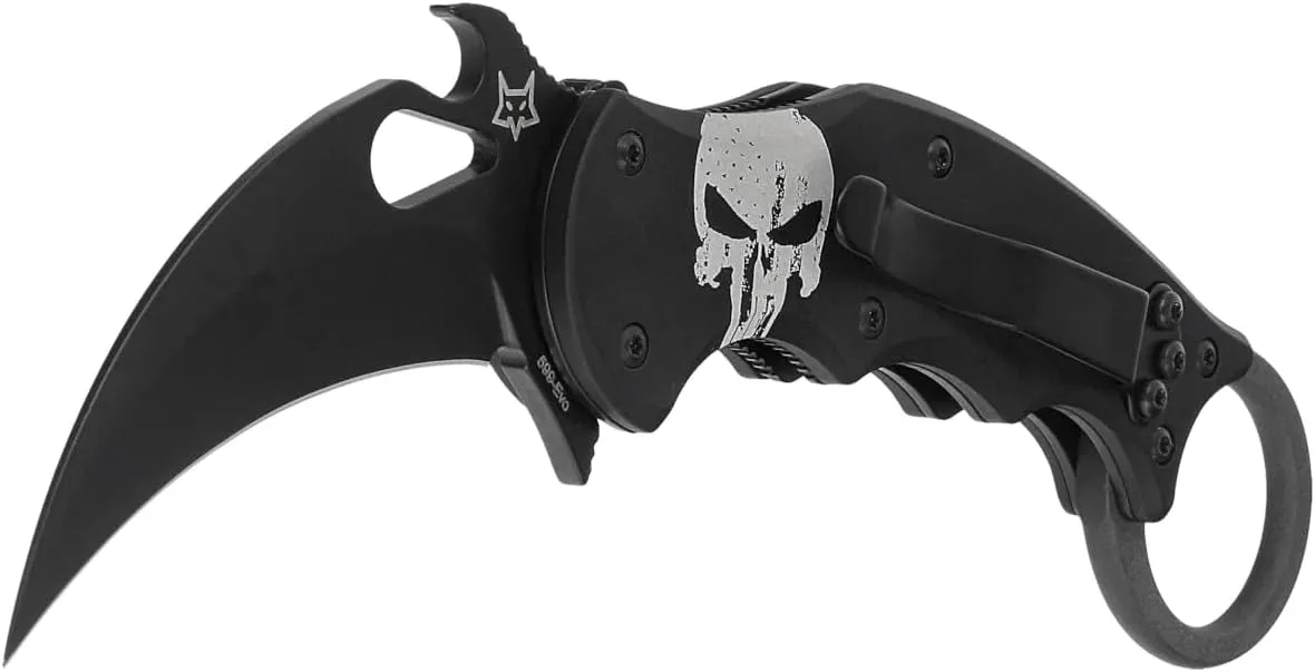 Fox Knives FX-599 ALB-4 Black Folding Karambit, Emerson Wave, N690Co Steel, Graphic Art Handle, Black Blade Finish, Liner Lock, Pocket Clip (The Skull)