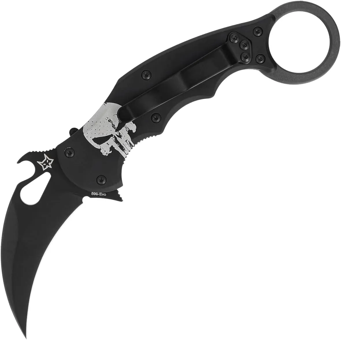 Fox Knives FX-599 ALB-4 Black Folding Karambit, Emerson Wave, N690Co Steel, Graphic Art Handle, Black Blade Finish, Liner Lock, Pocket Clip (The Skull)