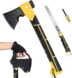 Freelander Camping Hatchet and Survival Axe, 6-in-1 Multitool Camping Axe with Saw, Flintstone Whistle, Hammer, Forged Carbon Steel Heat Small Axe for Splitting Wood, Kindling, Survival with Sheath
