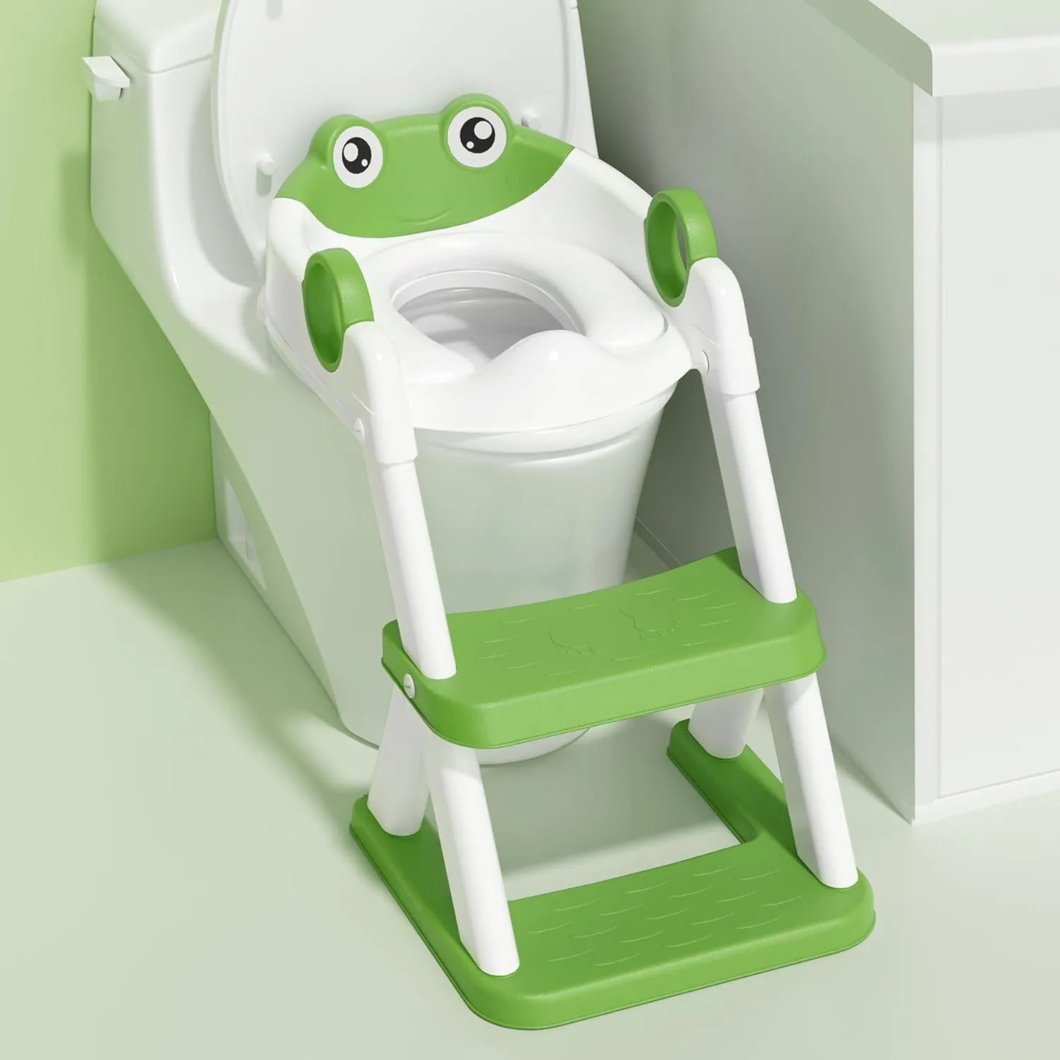 Frog Potty Training Seat, Upgrade Toddler Toilet Seat for Kids Boys Girls, 2 in 1 Potty Training Toilet for Kids, Splash Guard Anti-Slip Pad Step Stool