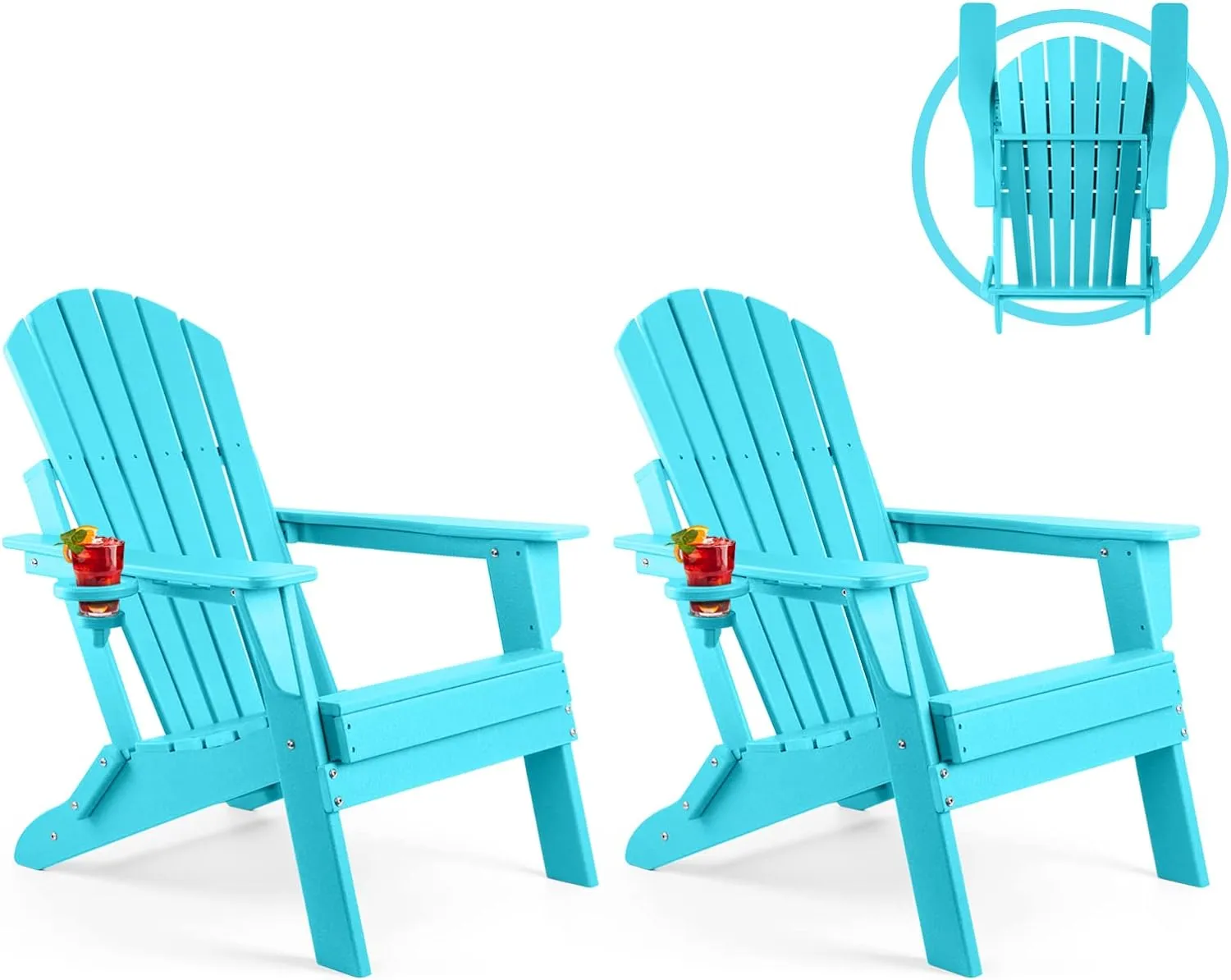 FUNBERRY Folding Adirondack Chair Set of 2, All Weather HDPE Fire Pit Chairs with Cup Holder for Outdoor