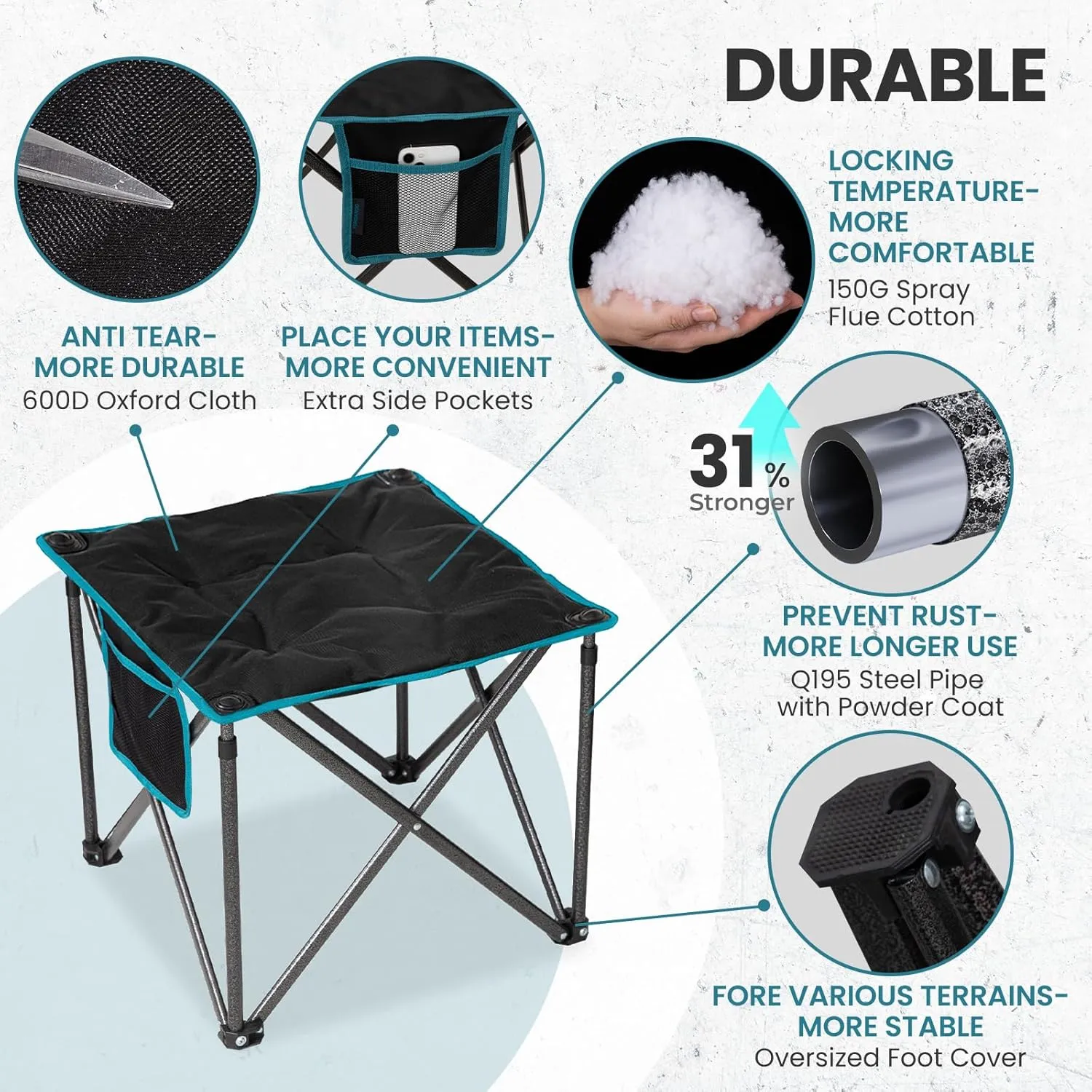 FUNDANGO Folding Camping Stool, 18.1 Inch Oversized Foot Rest 400 Lbs Heavy Duty Portable Padded Stools Seat Anti-Slip Foots & Carry Strap for Fishing Outdoor Lawn Travel (Black)