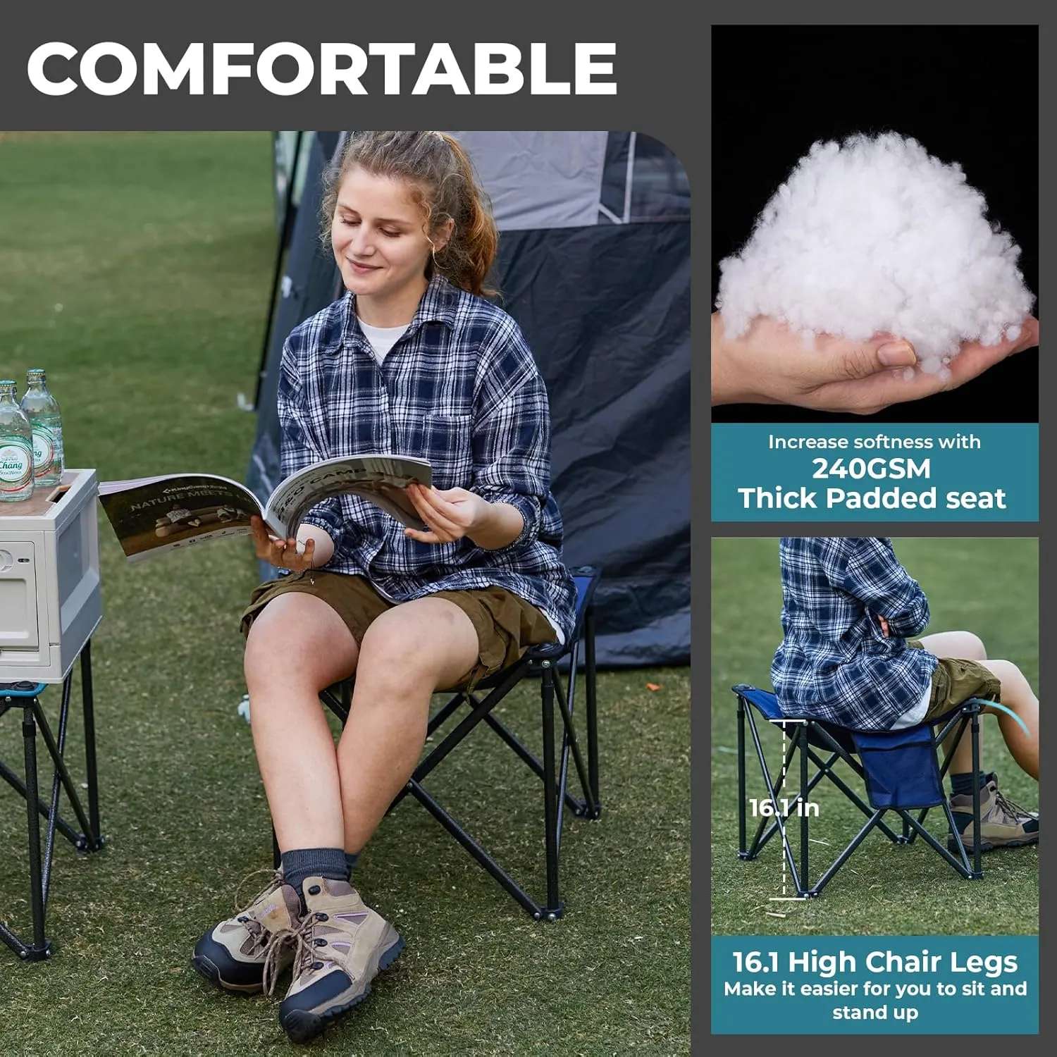 FUNDANGO Folding Camping Stool, 18.1 Inch Oversized Foot Rest 400 Lbs Heavy Duty Portable Padded Stools Seat Anti-Slip Foots & Carry Strap for Fishing Outdoor Lawn Travel (Grey)