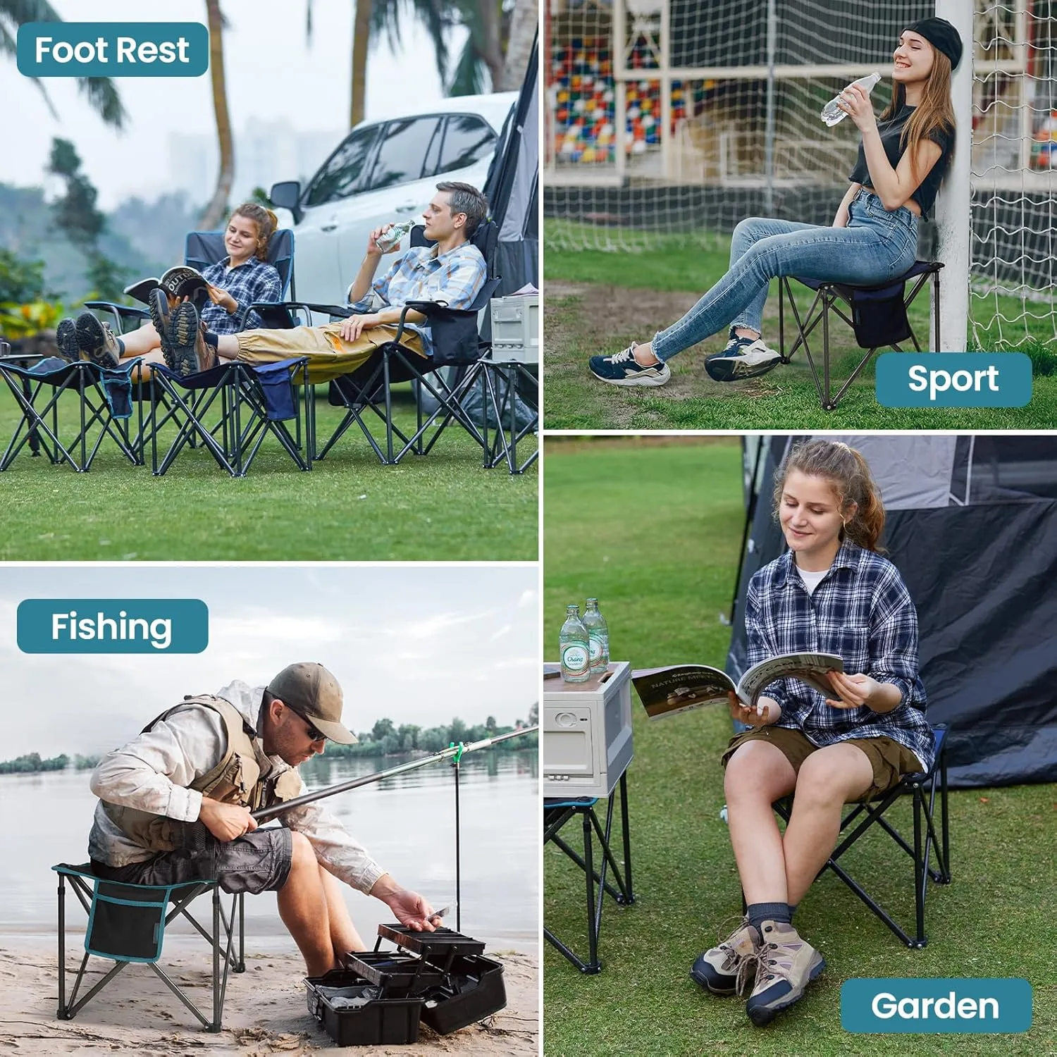 FUNDANGO Folding Camping Stool, 18.1 Inch Oversized Foot Rest 400 Lbs Heavy Duty Portable Padded Stools Seat Anti-Slip Foots & Carry Strap for Fishing Outdoor Lawn Travel (Grey)
