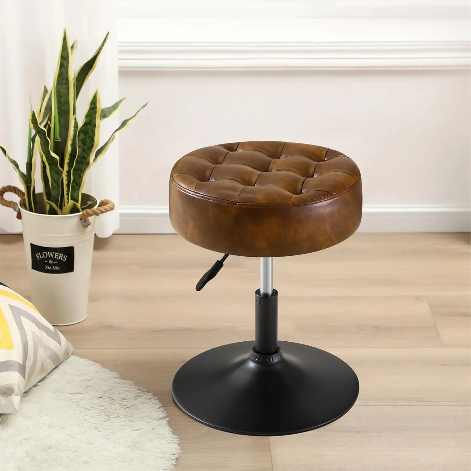 Furnimart Round Leather Vanity Cute Ottoman Stool Seat, Modern Makeup Accent Stool for Bedroom Living Room Bathroom