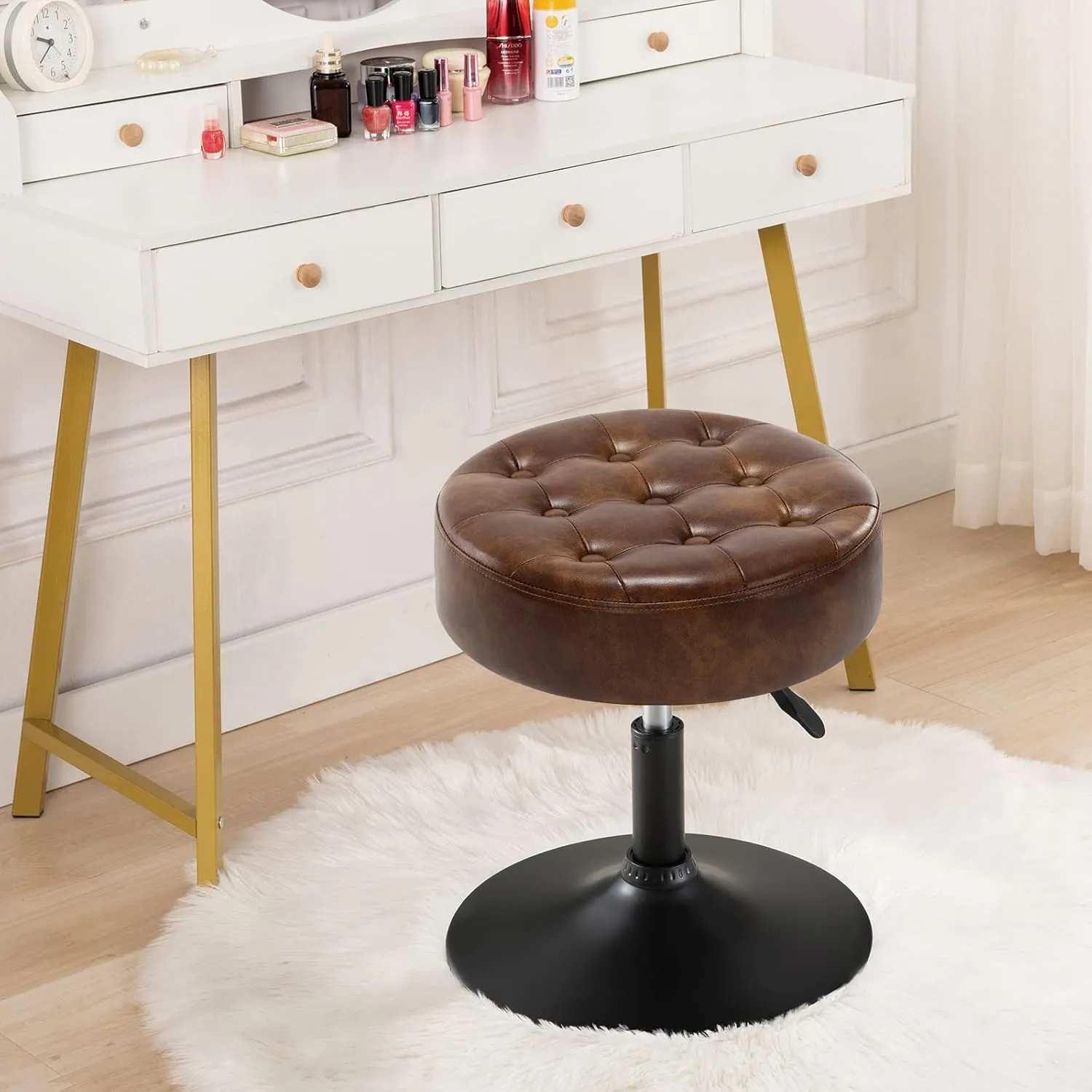 Furnimart Round Leather Vanity Cute Ottoman Stool Seat, Modern Makeup Accent Stool for Bedroom Living Room Bathroom