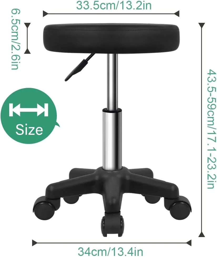 FURWOO Round Rolling Stool Height Adjustable Stool with Wheels for Spa Salon Massage Black