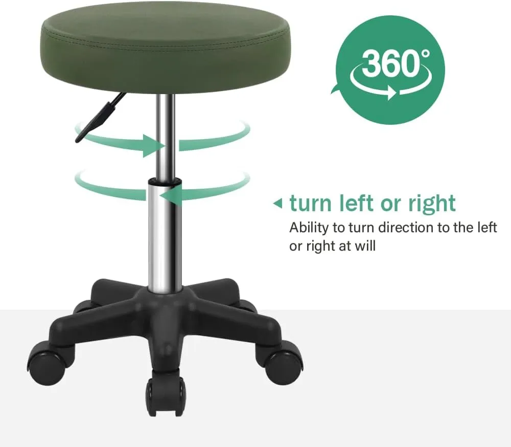 FURWOO Round Rolling Stool Height Adjustable Stool with Wheels for Spa Salon Massage Green