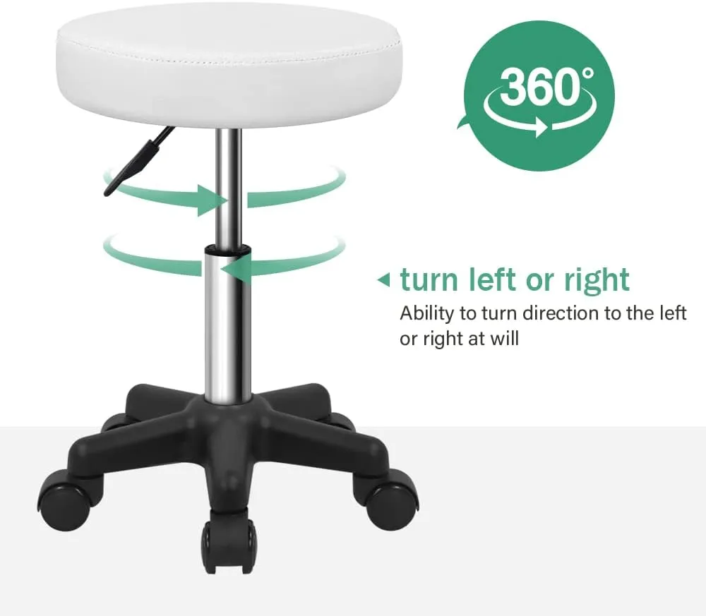 FURWOO Round Rolling Stool Height Adjustable Stool with Wheels for Spa Salon Massage White