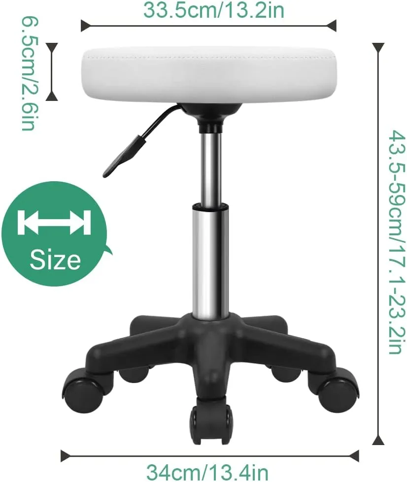 FURWOO Round Rolling Stool Height Adjustable Stool with Wheels for Spa Salon Massage White