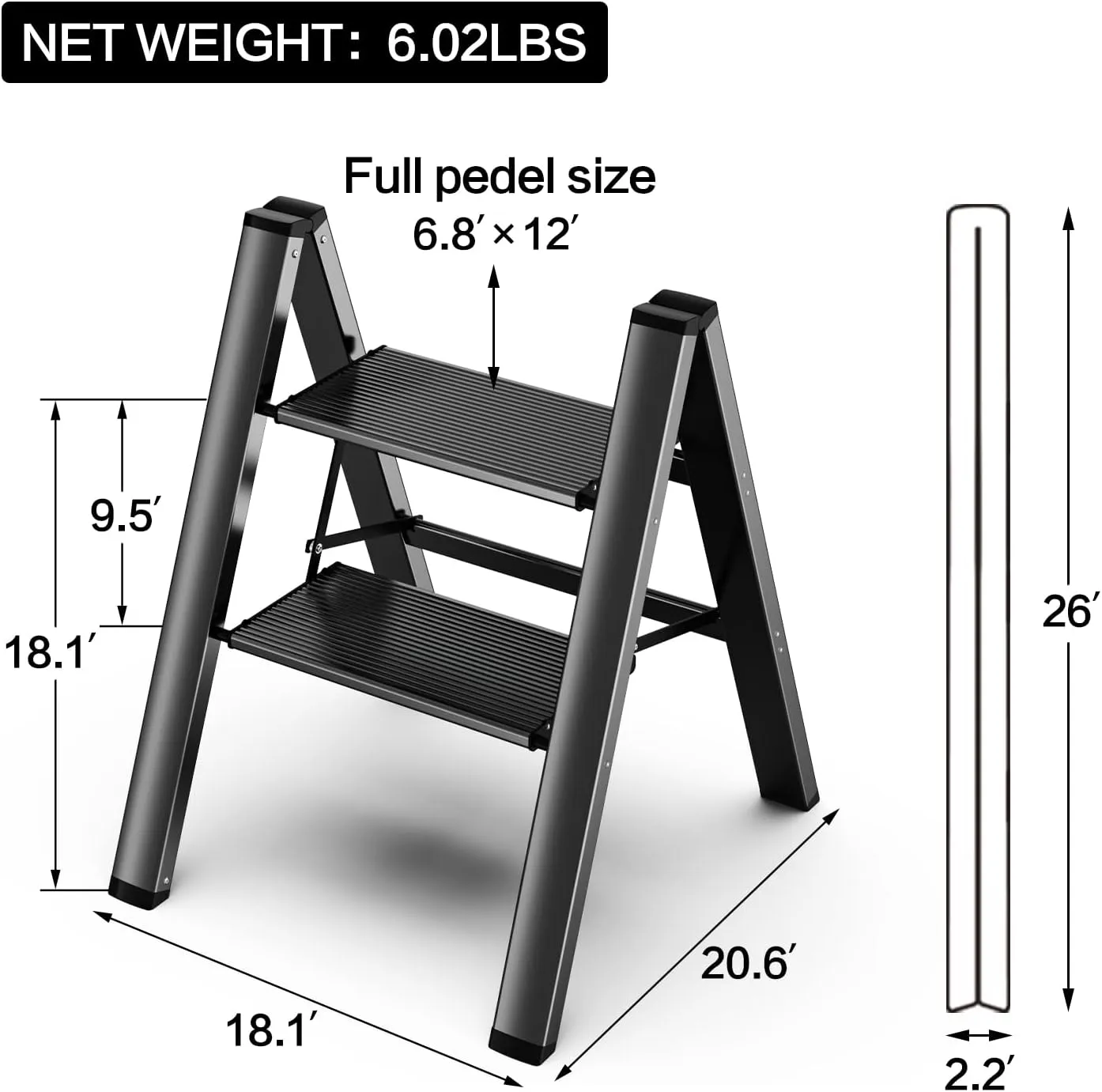 GameGem 2 Step Ladder, Aluminum Folding 2 Step Stool with Anti-Slip Sturdy and Wide Pedal, Lightweight Portable Stepladder for Home and Kitchen Use Space Saving, Black, 330 lbs