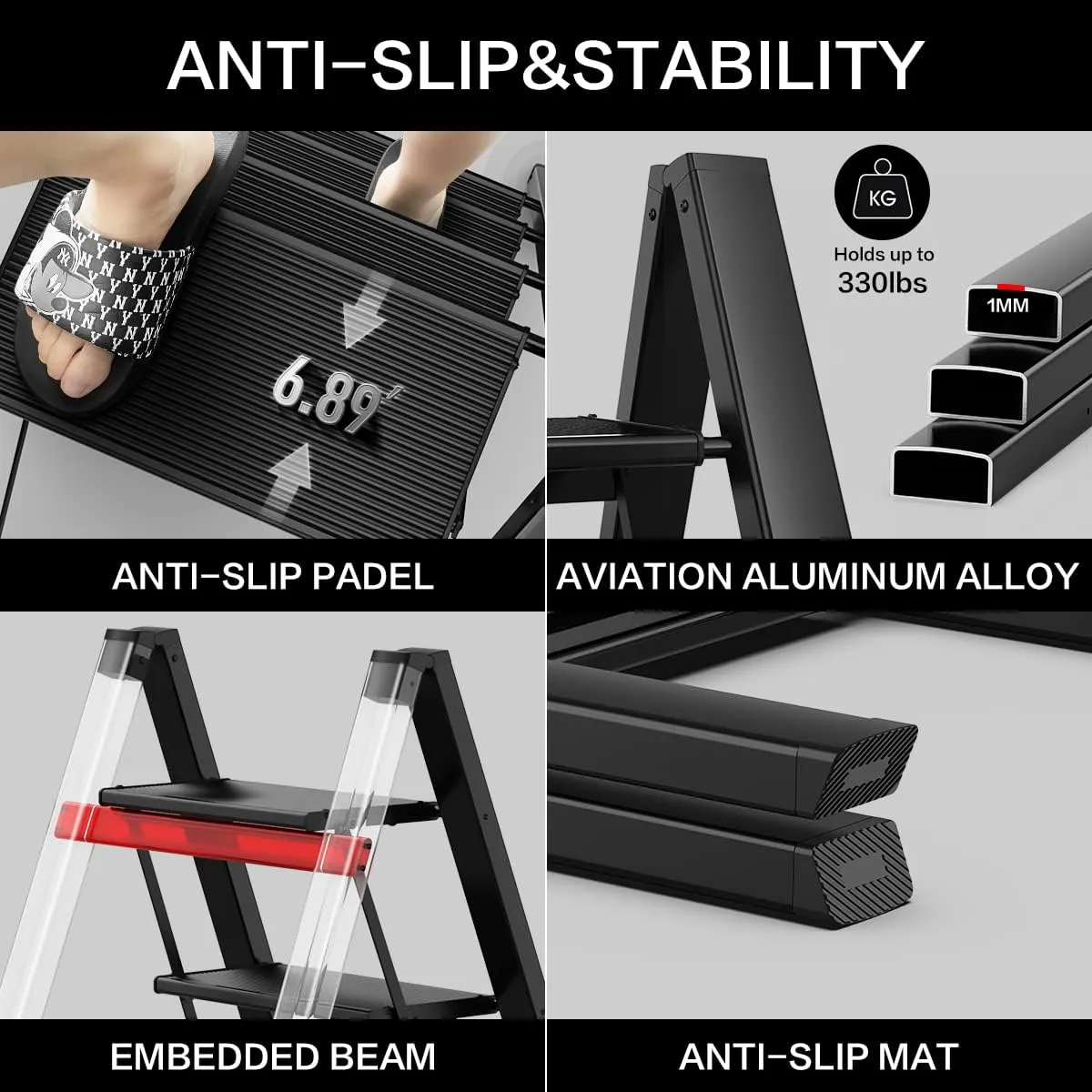 GameGem 3 Step Ladder, Aluminum Folding Step Stool with Anti-Slip Sturdy and Wide Pedal, Lightweight Portable Stepladder for Home and Kitchen Use Space Saving, Black, 330 lbs