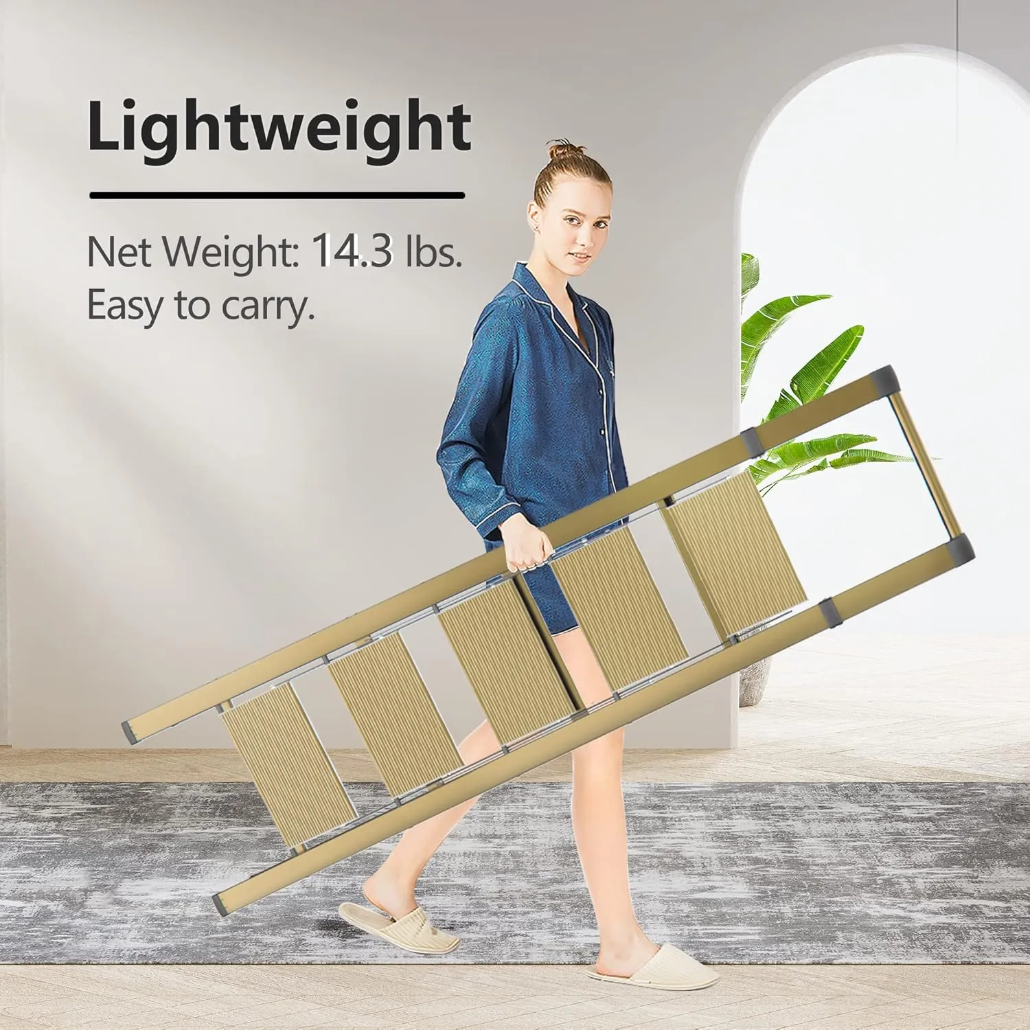 GameGem 5 Step Ladder for 10 Feet High Ceiling, Lightweight Aluminum Folding Step Stool with Convenient Handgrip, Stepladders with Anti-Slip and Wide Pedal for Home Use Space Saving - Gold