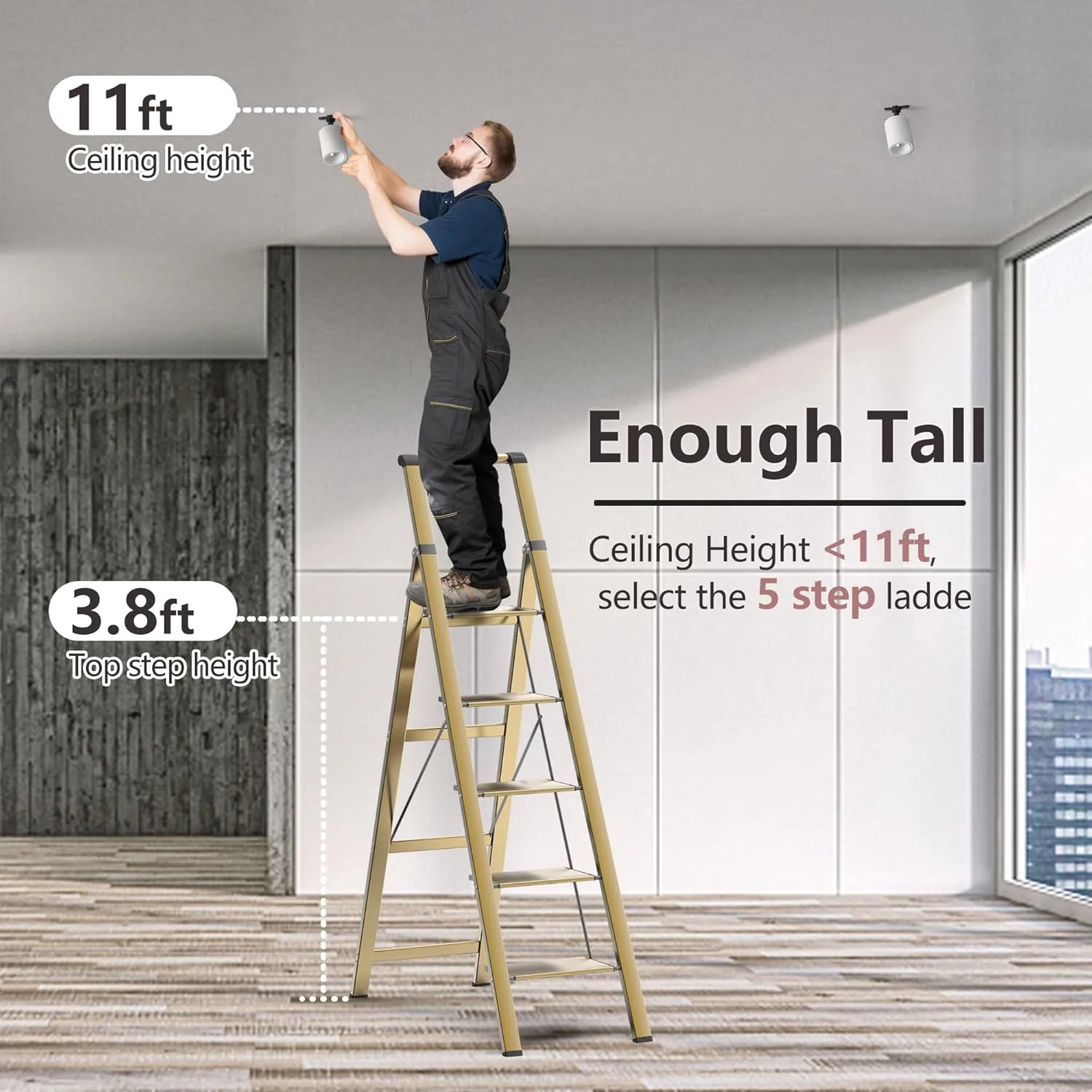 GameGem 5 Step Ladder for 10 Feet High Ceiling, Lightweight Aluminum Folding Step Stool with Convenient Handgrip, Stepladders with Anti-Slip and Wide Pedal for Home Use Space Saving - Gold