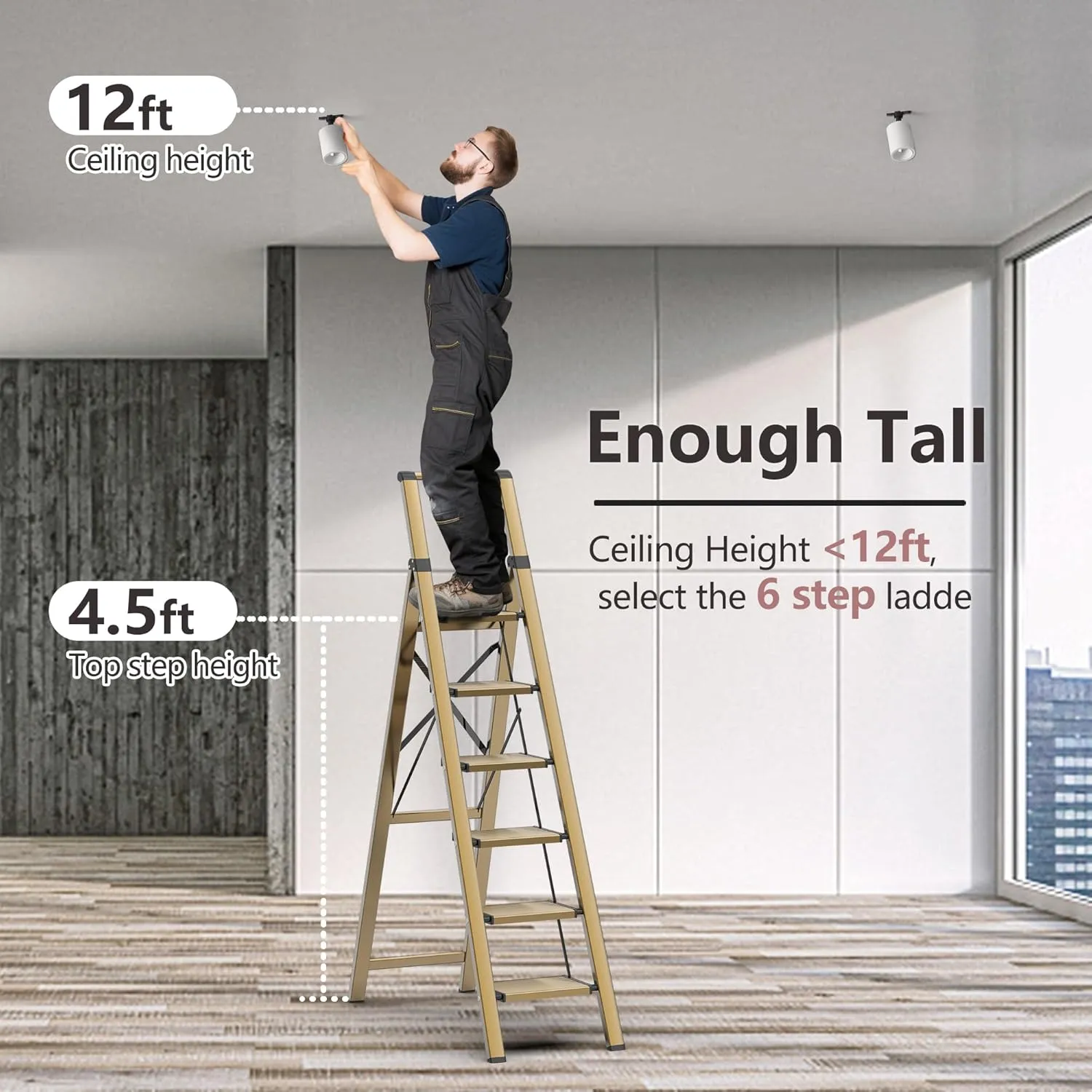 GameGem 6 Step Ladder for 12 Feet High Ceiling, Lightweight Aluminum Folding Step Stool with Convenient Handgrip, Stepladders with Anti-Slip and Wide Pedal for Home Use Space Saving - Gold
