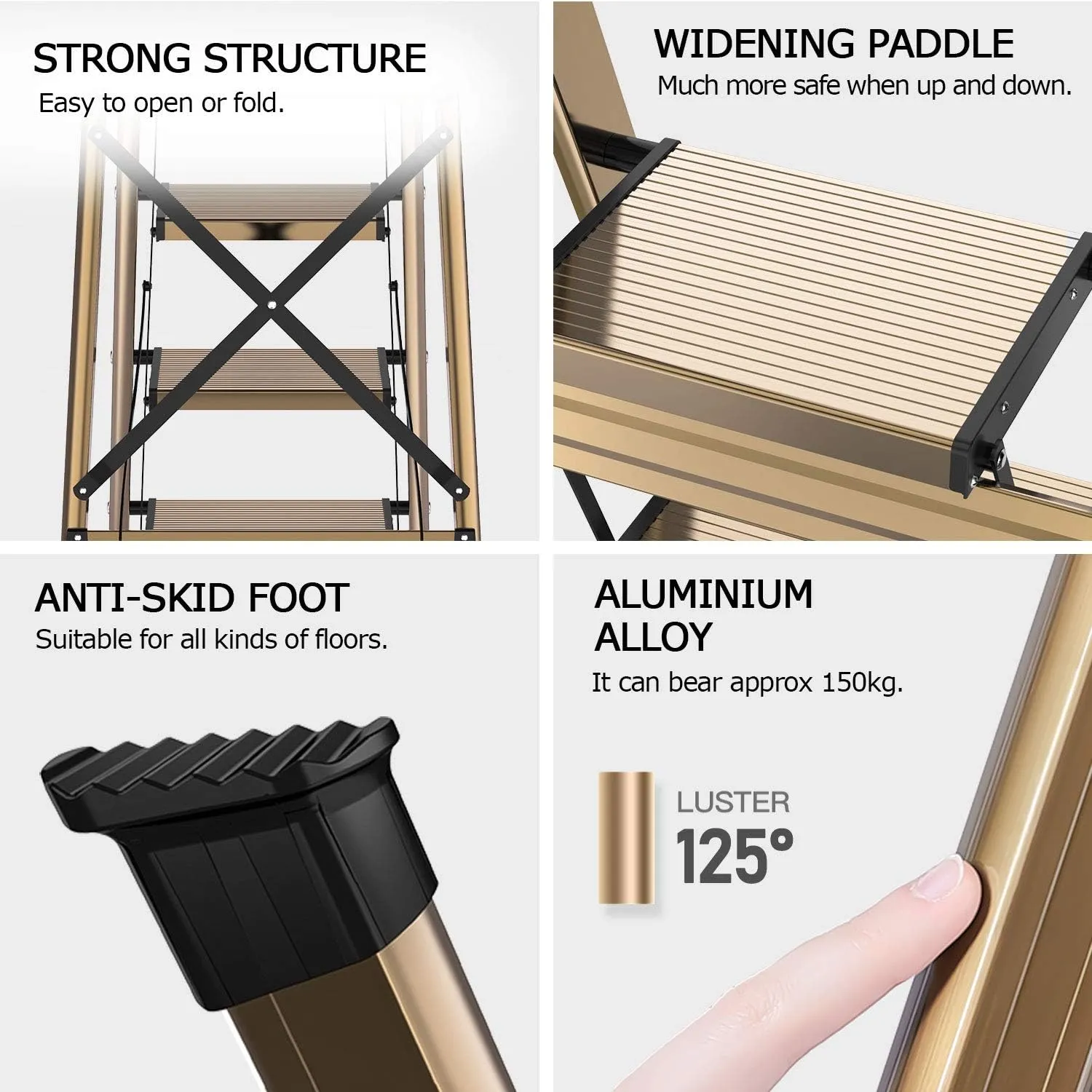 GameGem Lightweight Aluminum 4 Step Ladder Folding Step Stool Stepladders with Anti-Slip and Wide Pedal for Home and Kitchen Use Space Saving (Brown Gold)