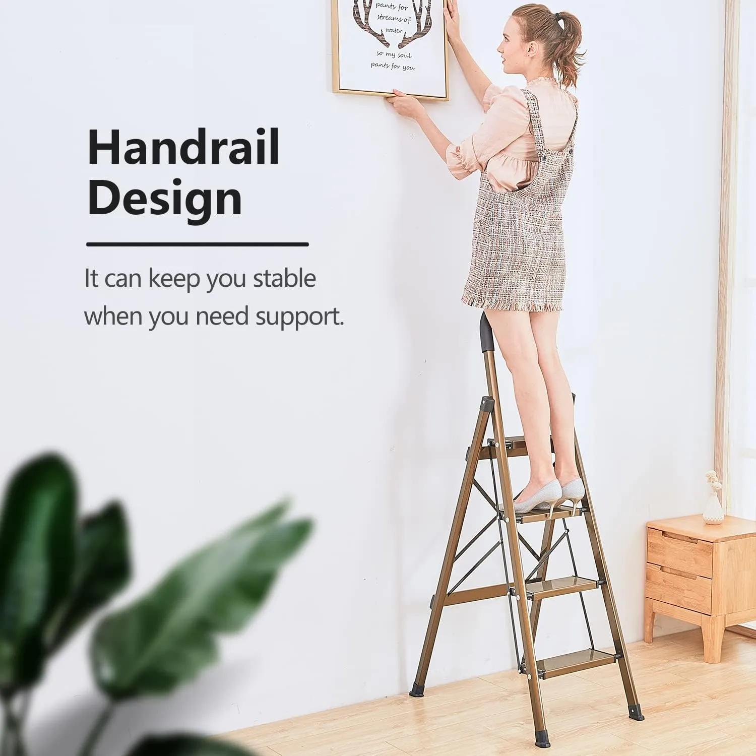 GameGem Lightweight Aluminum 4 Step Ladder Folding Step Stool Stepladders with Anti-Slip and Wide Pedal for Home and Kitchen Use Space Saving (Brown Gold)