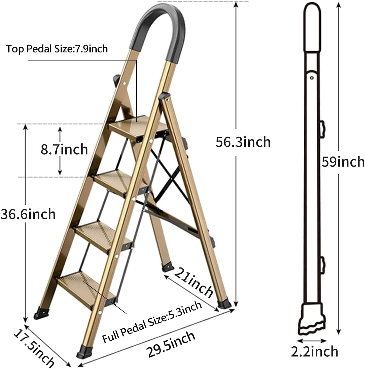 GameGem Lightweight Aluminum 4 Step Ladder Folding Step Stool Stepladders with Anti-Slip and Wide Pedal for Home and Kitchen Use Space Saving (Brown Gold)