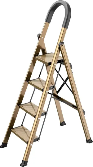 GameGem Lightweight Aluminum 4 Step Ladder Folding Step Stool Stepladders with Anti-Slip and Wide Pedal for Home and Kitchen Use Space Saving (Brown Gold)