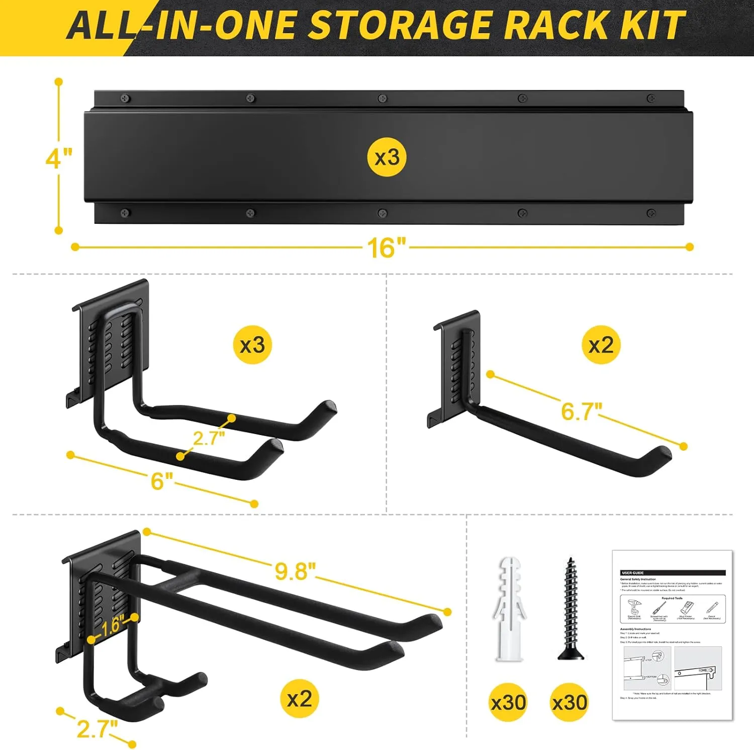 Garage Storage, Garage Organization, Wall Mount Garden Tool Organizer 48 Inches, 440lbs Adjustable Heavy Duty Metal Hanging Hooks, Yard Rack Hanger System Shovel Rake Broom Mop Holder, Men Gift