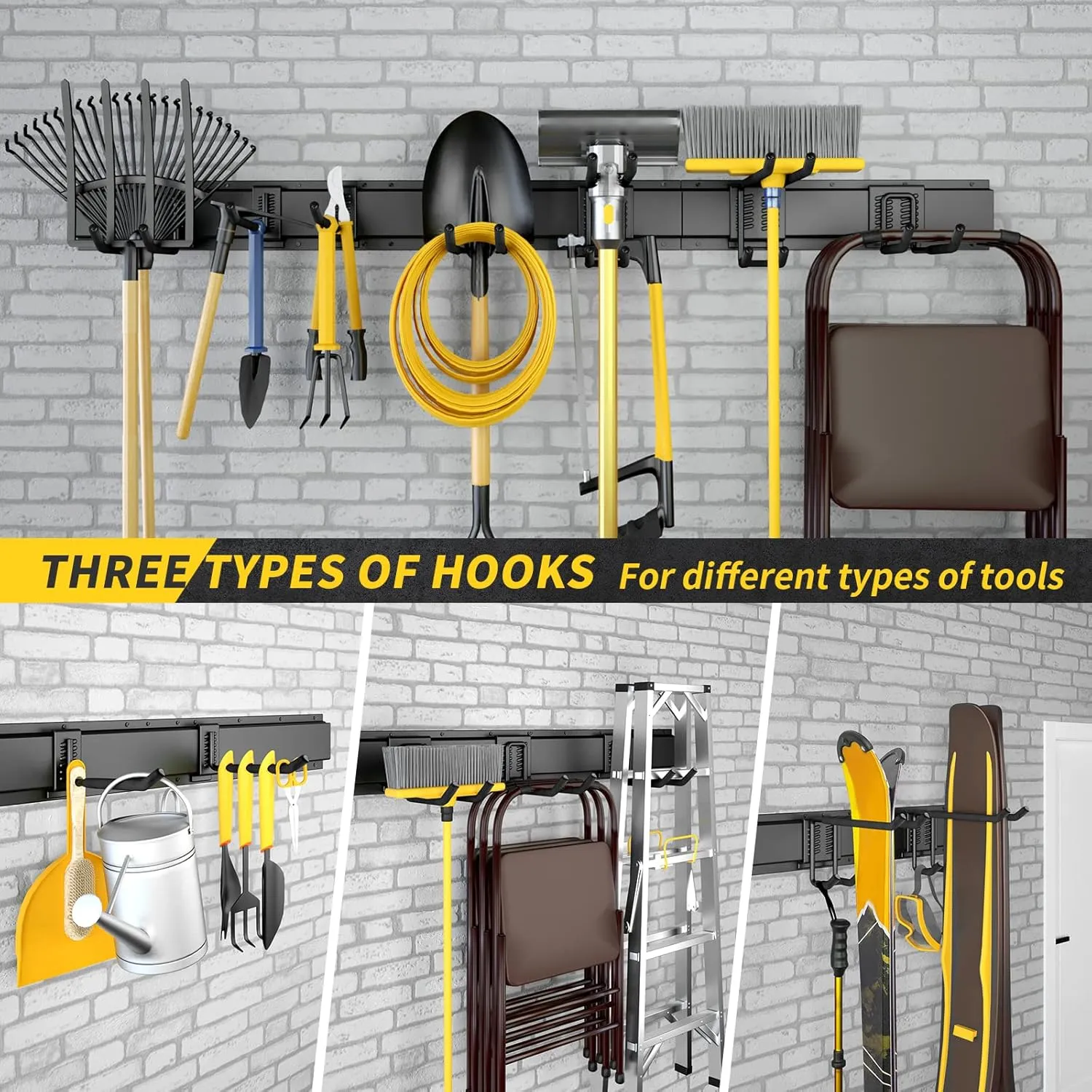 Garage Storage, Garage Organization, Wall Mount Garden Tool Organizer 48 Inches, 440lbs Adjustable Heavy Duty Metal Hanging Hooks, Yard Rack Hanger System Shovel Rake Broom Mop Holder, Men Gift