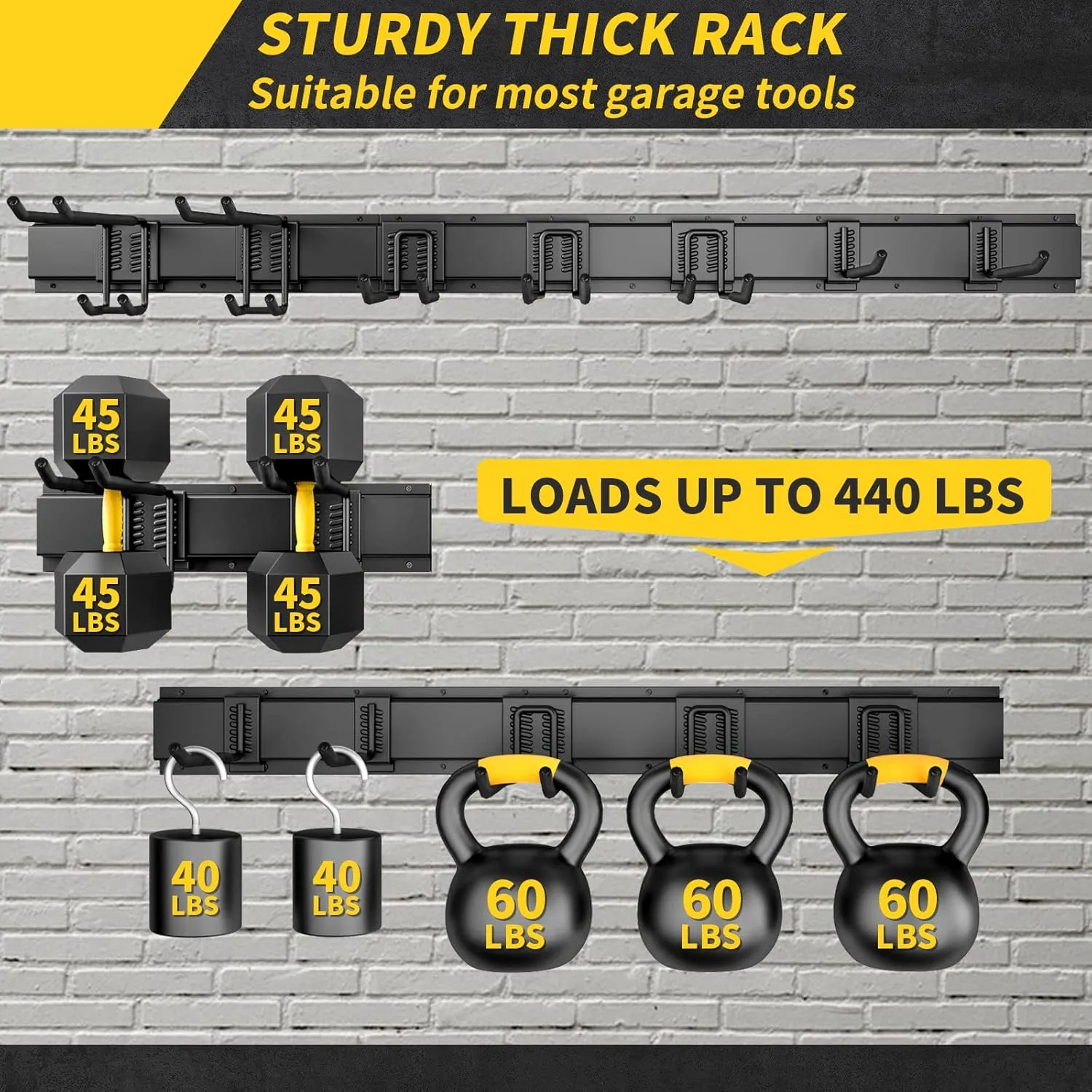 Garage Storage, Garage Organization, Wall Mount Garden Tool Organizer 48 Inches, 440lbs Adjustable Heavy Duty Metal Hanging Hooks, Yard Rack Hanger System Shovel Rake Broom Mop Holder, Men Gift
