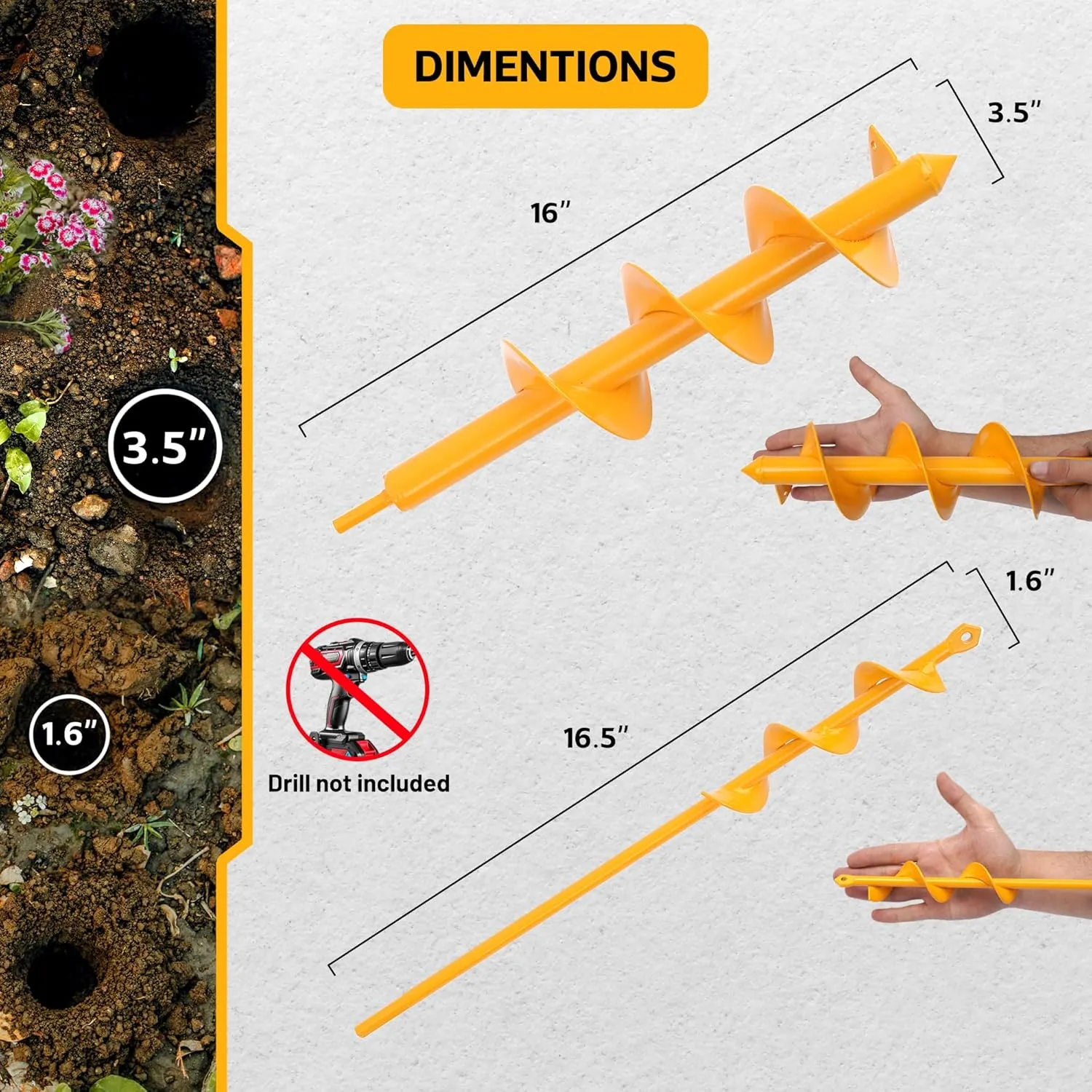 Garden Auger Drill Bit for Planting - Pack of (2) - 1.6”x16.5” & 3.5”x16” – Fast & Easy Hole Digging for Planting, Bulbs, Bedding Plants & More - Compatible with 3/8 Inch Hex Drive