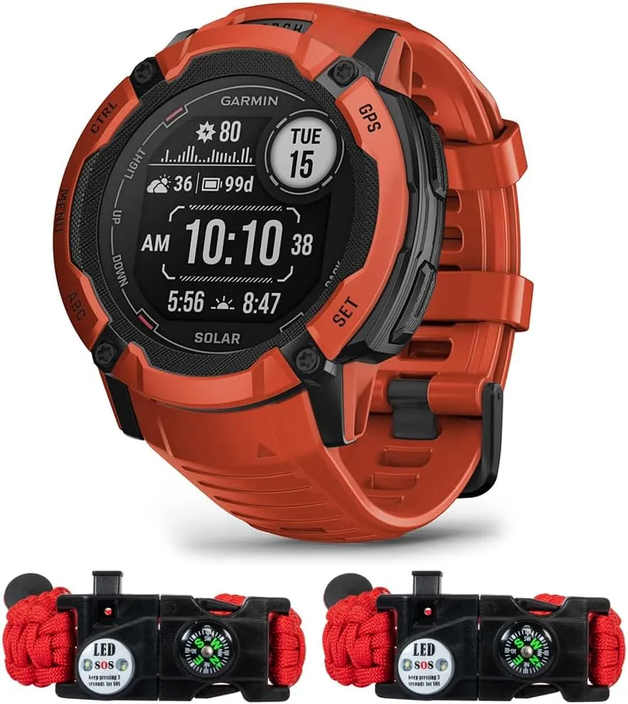 Garmin 010-02805-11 Instinct 2X Solar Rugged GPS Smartwatch Flame Red | Official USA Partner Model | Bundle with Deco Essentials 2-Pack Emergency Paracord Bracelet with SOS LED Whistle Knife