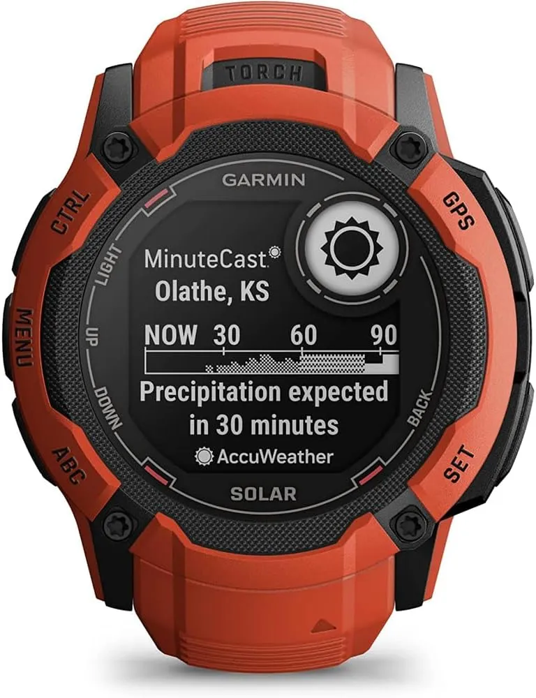 Garmin 010-02805-11 Instinct 2X Solar Rugged GPS Smartwatch Flame Red | Official USA Partner Model | Bundle with Deco Essentials 2-Pack Emergency Paracord Bracelet with SOS LED Whistle Knife