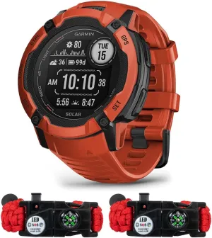Garmin 010-02805-11 Instinct 2X Solar Rugged GPS Smartwatch Flame Red | Official USA Partner Model | Bundle with Deco Essentials 2-Pack Emergency Paracord Bracelet with SOS LED Whistle Knife