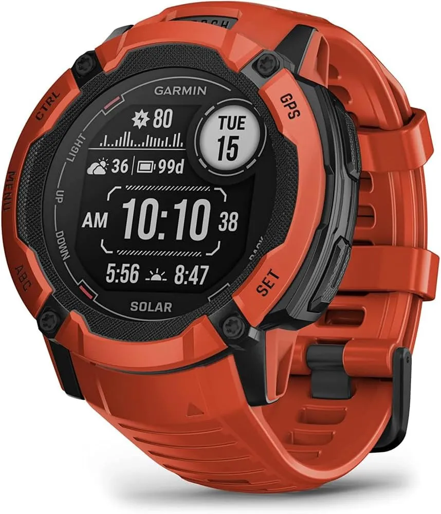 Garmin 010-02805-11 Instinct 2X Solar Rugged GPS Smartwatch Flame Red | Official USA Partner Model | Bundle with Deco Essentials 2-Pack Emergency Paracord Bracelet with SOS LED Whistle Knife