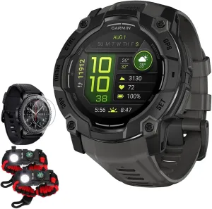 Garmin Instinct 3-50 mm Outdoor GPS Smartwatch, AMOLED, Black with Black Band 010-03020-00 Bundle with Deco Essentials Screen Protector & 2X Tactical Emergency Paracord Bracelet