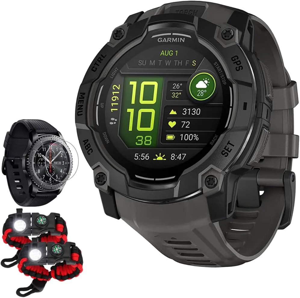 Garmin Instinct 3-50 mm Outdoor GPS Smartwatch, AMOLED, Black with Black Band 010-03020-00 Bundle with Deco Essentials Screen Protector & 2X Tactical Emergency Paracord Bracelet