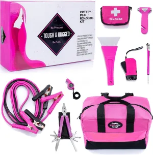 Gears Out Pretty Pink Roadside Kit - Pink Emergency Kit for Teenage Girls and Women - Lightweight Soft Carry Case with Pink Jump Leads, First Aid Kit and Pink Tools