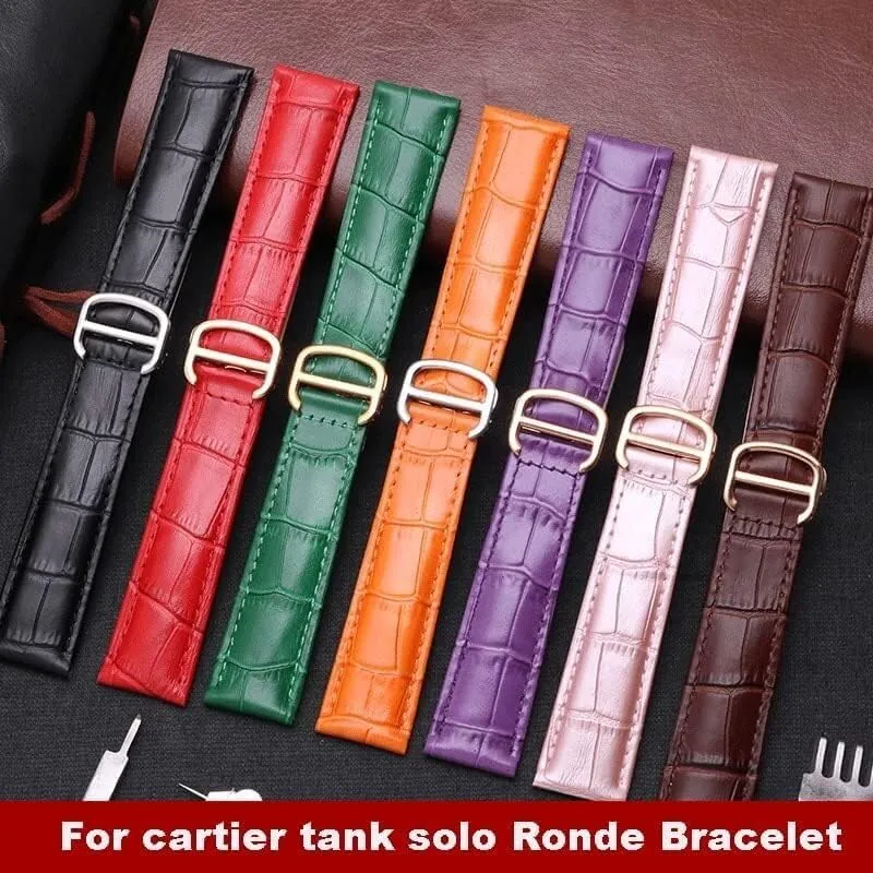 Genuine Leather Watch Band For Cartier TANk SOLO RONDE DE Watch Chain Folding Buckle Watch Strap Accessories Bracelet Belt
