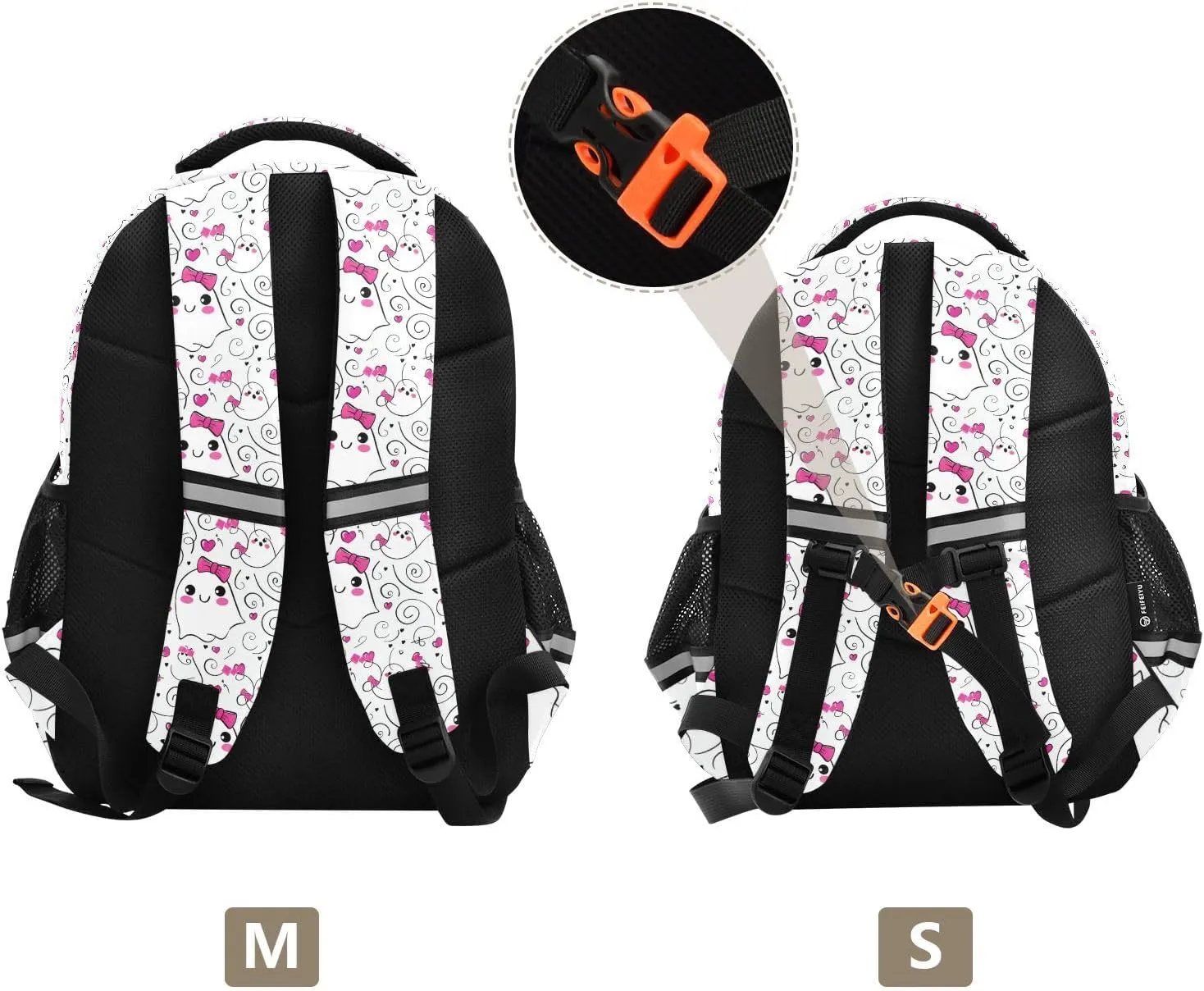 Ghosts Pink Bows Kids Backpack with Reflective Strips Adjustable 12L Lightweight School Bag for Boys Girls