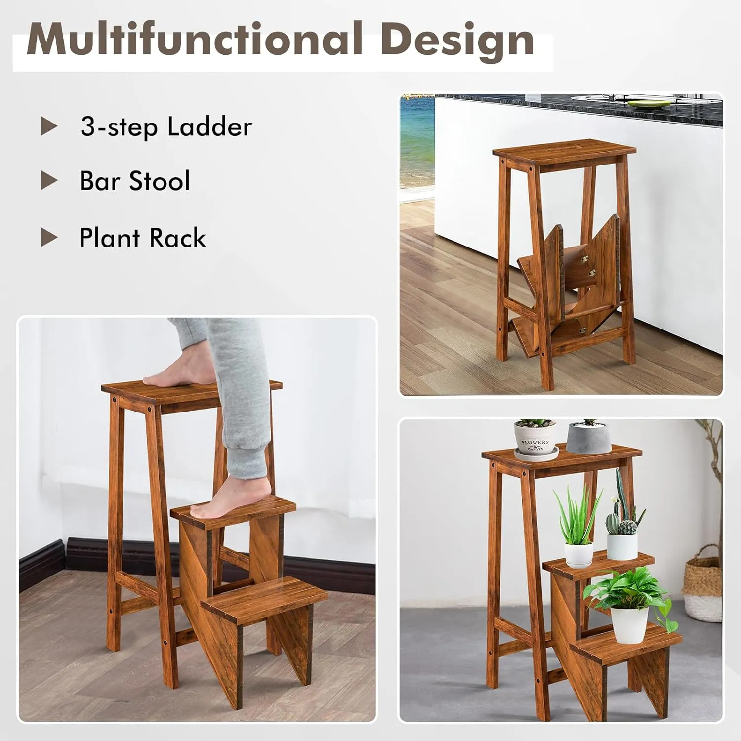 Giantex 3 Tier Folding Step Ladder, Multifunction 3-in-1 Wood Step Stool, Display Ladder and Storage Shelf for Library, Home Kitchen, Household Work, Coffee